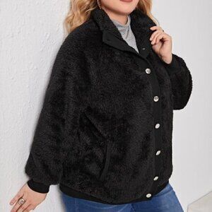 NEW! Super soft and warm PLUS Size Black Fuzzy Teddy Coat Jacket Button Front
